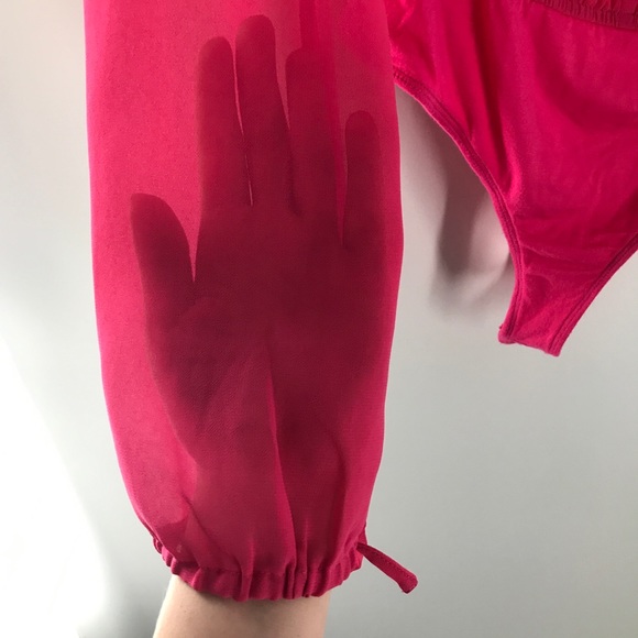 Superdown Celene Sheer Hot Pink Deep V-Neck Bodysuit Wrist Ties Dopamine Look - Picture 7 of 15
